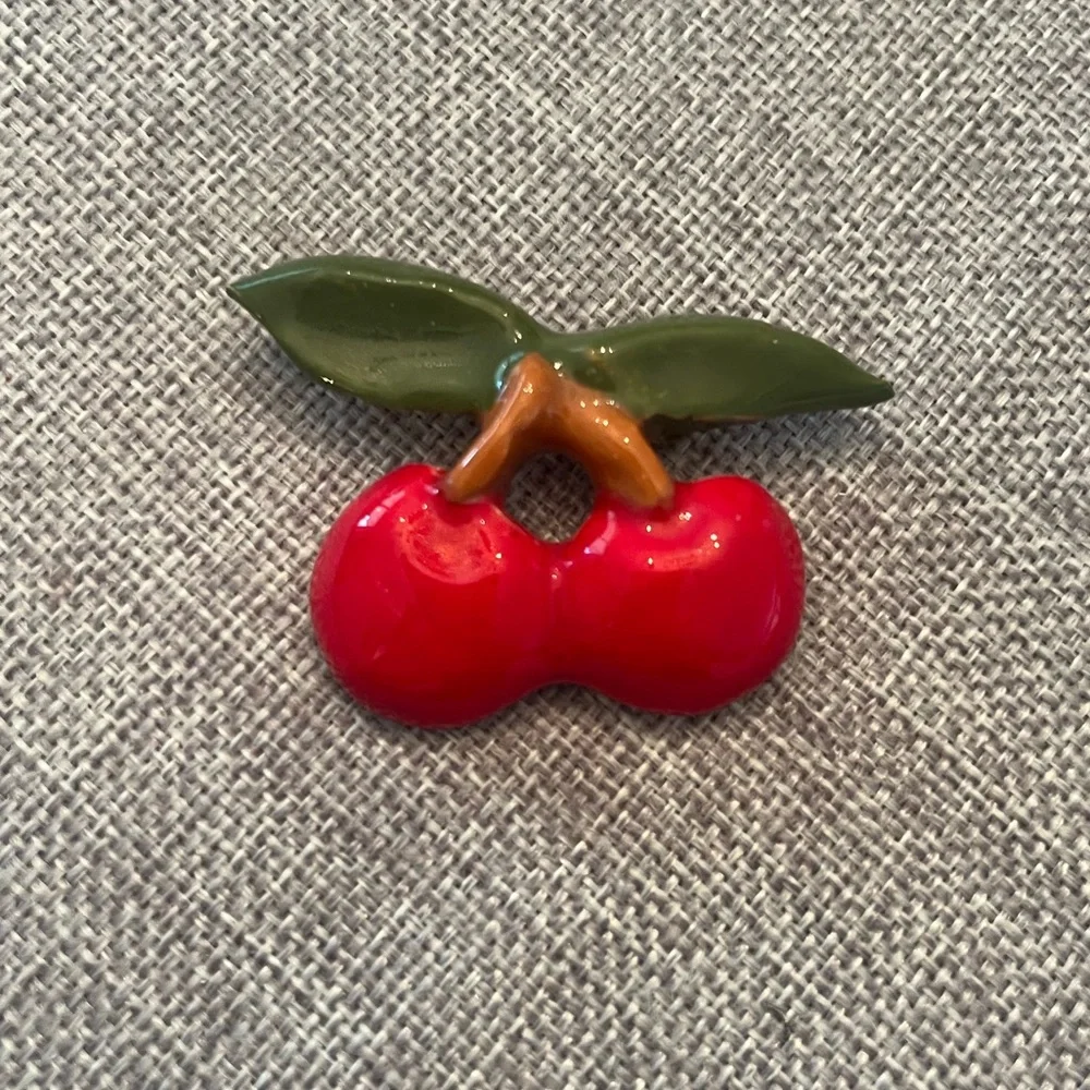 Vintage Ceramic Red Cherry Brooch with Green Leaves